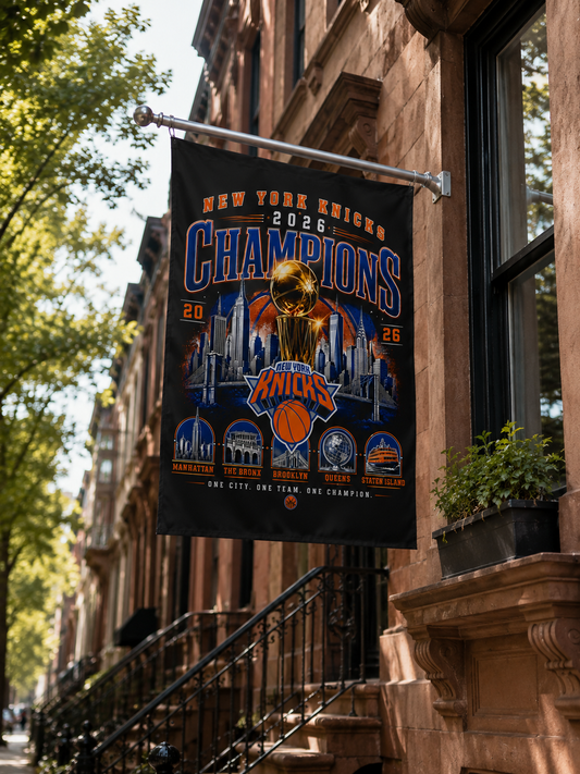 New York Knicks championship banner hanging from a building exterior