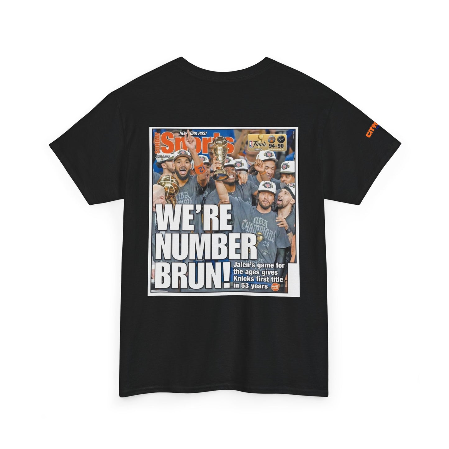 Black t-shirt with sports team graphic and 'We're Number One' text on a white background