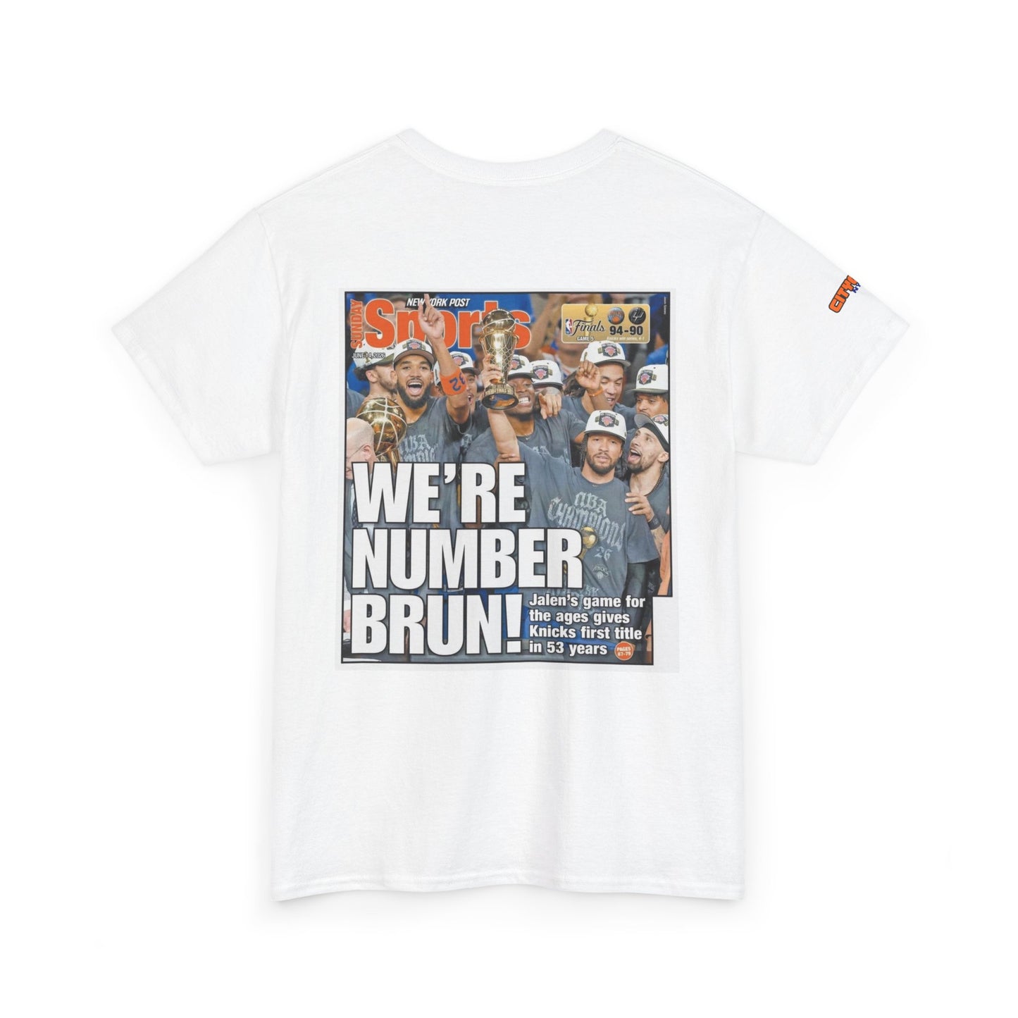 White t-shirt with sports magazine cover graphic on a white background