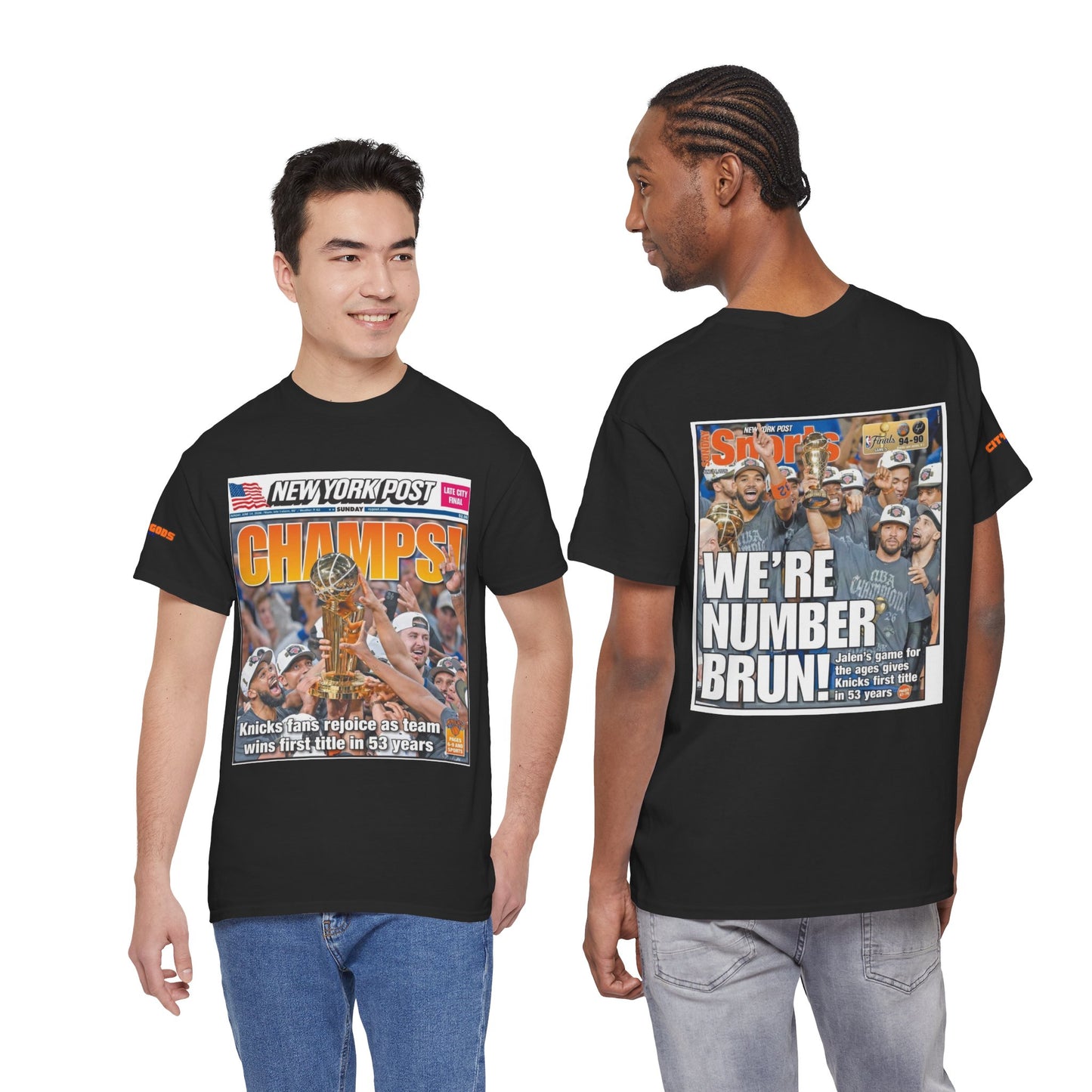 Two people wearing black t-shirts with sports-themed graphics and text.