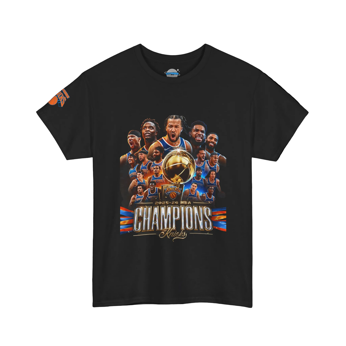 Black t-shirt with a graphic of basketball players and 'Champions' text on a white background
