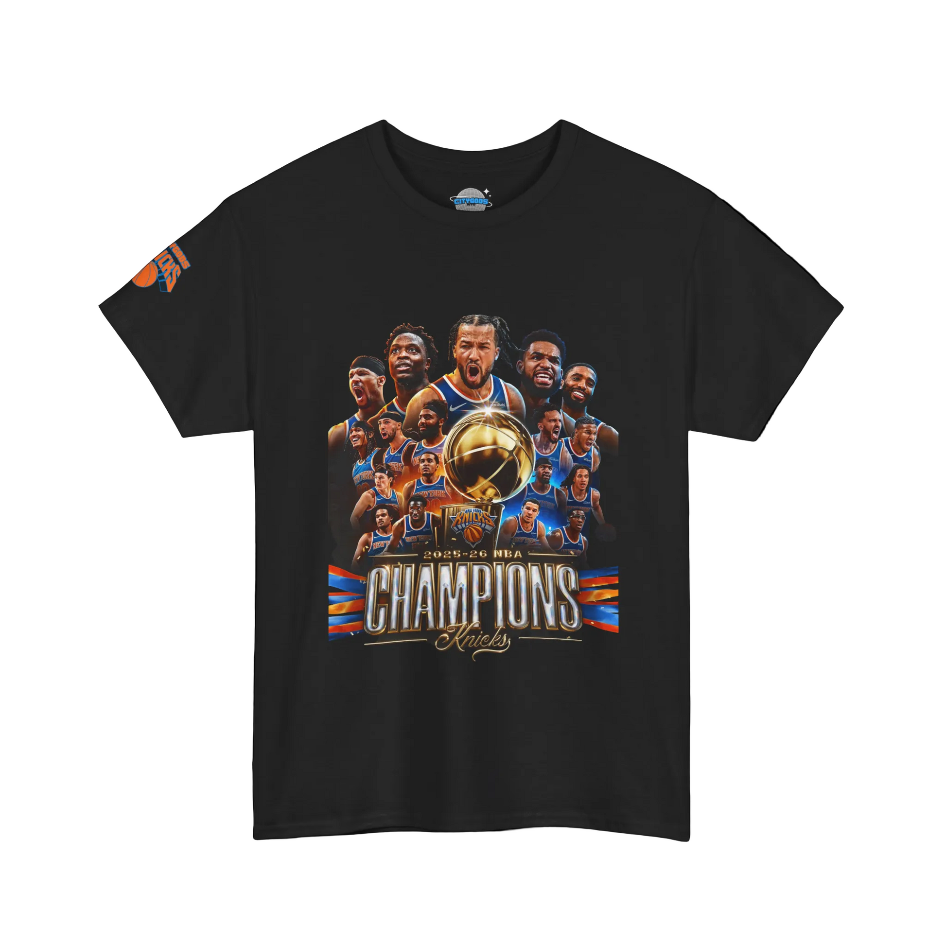 Black t-shirt with a graphic of basketball players and 'Champions' text on a white background