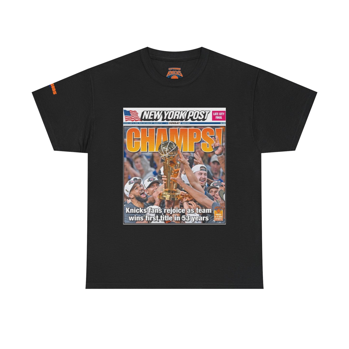Black t-shirt with a New York Post sports cover graphic on a white background