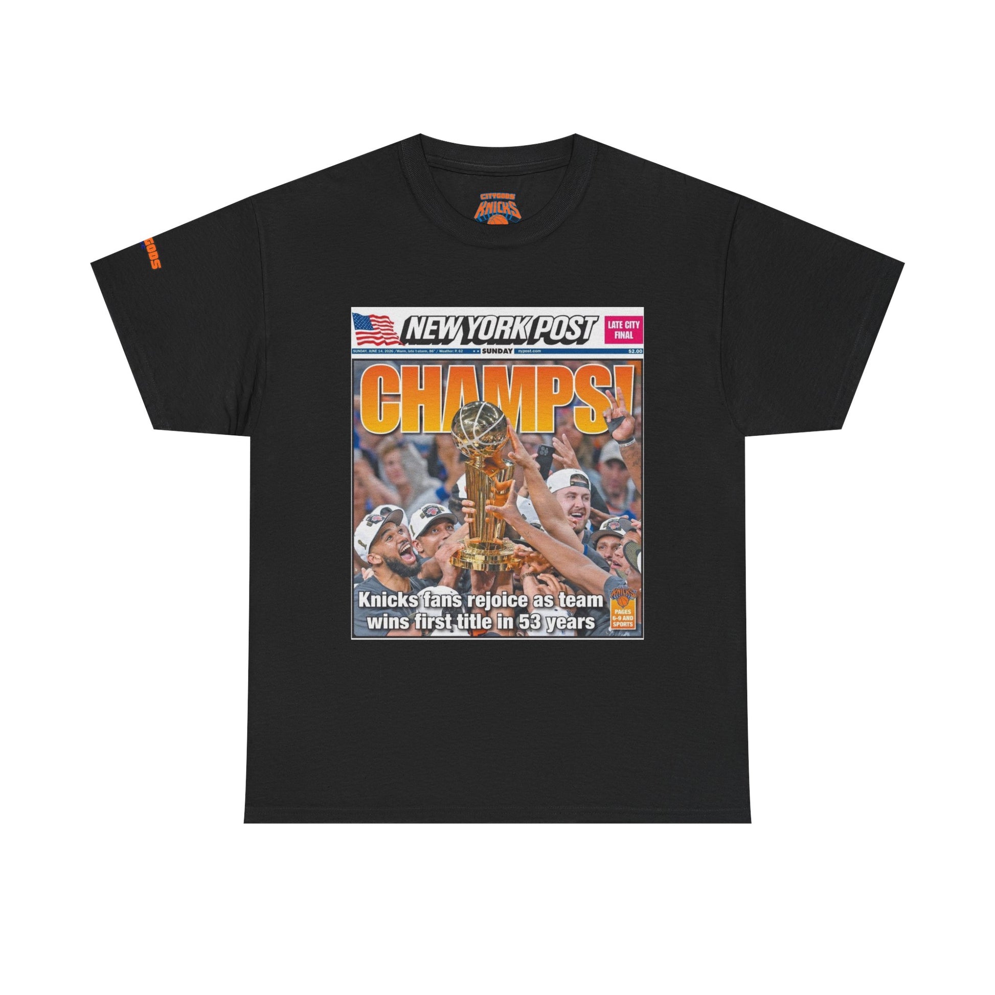 Black t-shirt with a New York Post sports cover graphic on a white background